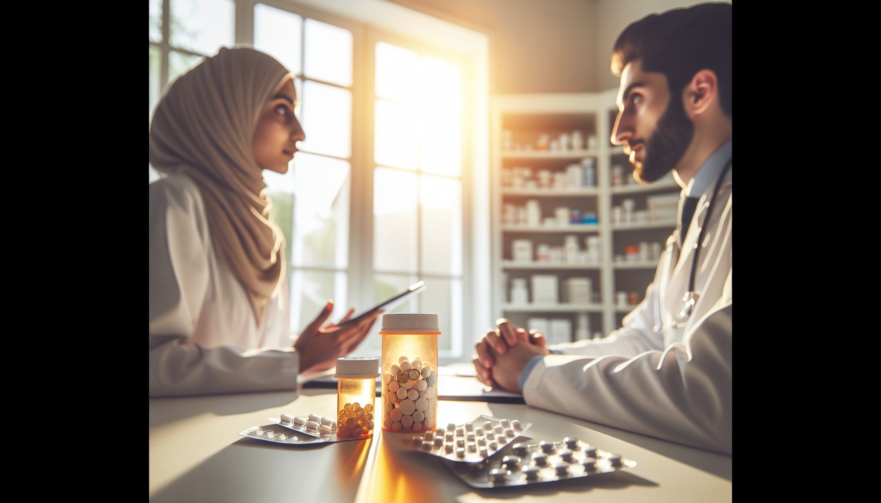 Image of Cialis tablets with doctor consultation scene in background